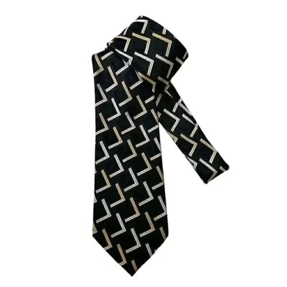 Joseph & Feiss Silk Tie Black Gold Silver Print - Picture 8 of 8